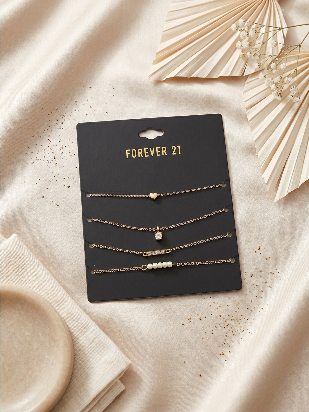 Forever 21 Gold Tone Heart Pearl Rhinestone Layered Bracelet Set 4 Piece New